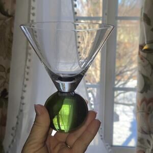 Red & Green Glass Ball Base Cocktail Martini Glasses 4-5/8" Tall VTG Lot Of 2